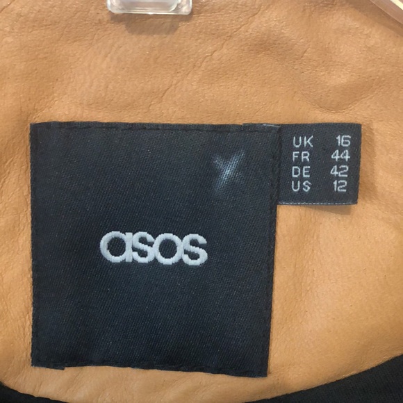 asos REAL Leather jacket Women's 12 camel brown black zip front crop coat EUC - Picture 10 of 16